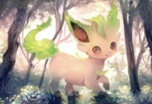 A Leafeon standing in a mystical forest surrounded by soft light and lush foliage