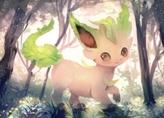 A Leafeon standing in a mystical forest surrounded by soft light and lush foliage