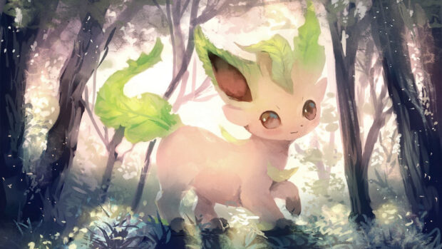 A Leafeon standing in a mystical forest surrounded by soft light and lush foliage