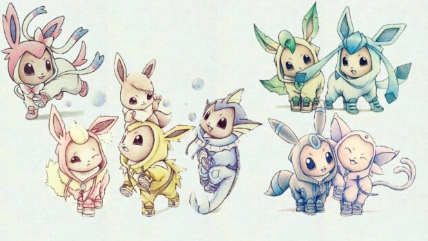 Cute Pokemon inspired creatures wearing animal hoodies playing together in a group