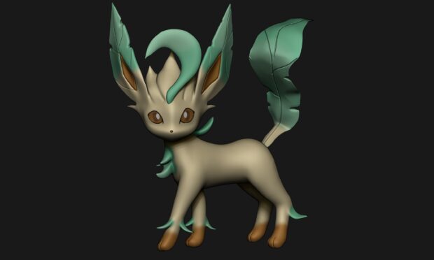 A detailed digital illustration of Leafeon standing against a dark background with natural leaf like features