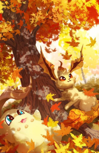 A cute fantasy creature playing with another in a forest full of autumn leaves