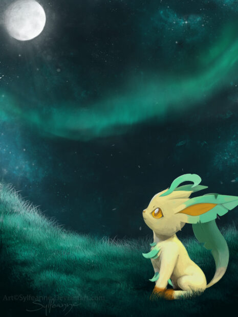 Leafeon sitting on grass looking at the night sky with aurora and full moon
