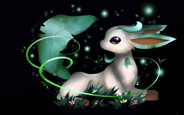 A cute Leafeon resting in glowing grass with magical green leaves and lights surrounding it