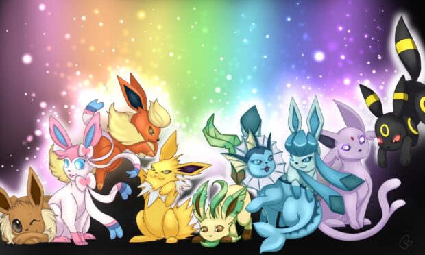 Cute Leafeon and other Eevee evolutions with colorful sparkling background