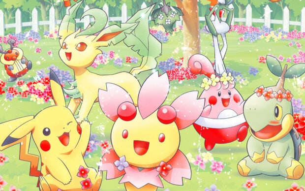 Cute Leafeon surrounded by colorful flowers and playful Pokemon characters in a bright garden