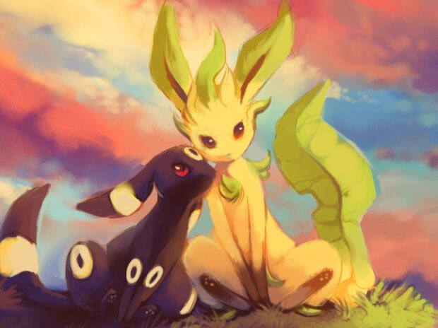Leafeon and Umbreon sitting together in a colorful sunset scene with Leafeon showing gentle affection