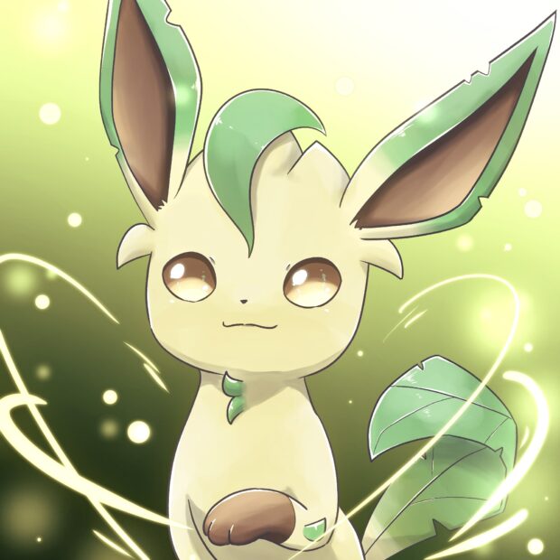 Leafeon character with leaf features glowing in a magical forest scene