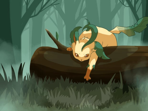 Leafeon resting on a fallen tree branch in a foggy forest environment