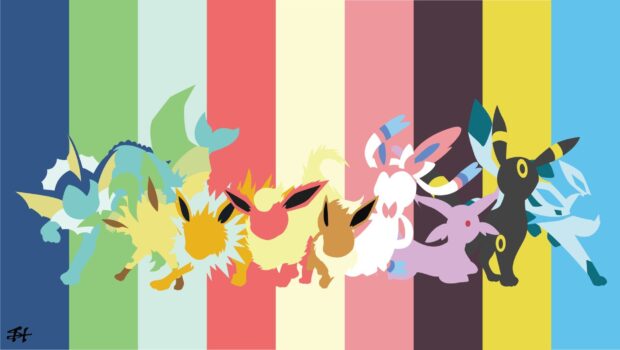 Minimalist artwork of Leafeon and other Eeveelutions in colorful vertical stripes background