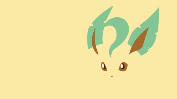 Minimalist design of Leafeon character face with green ears and brown eyes on beige background