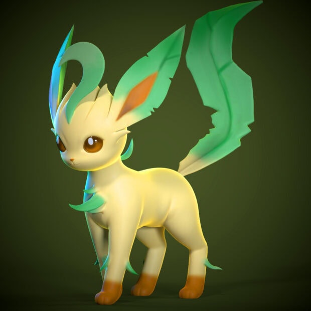 A cute Leafeon standing on a green background with detailed leaf like ears and tail