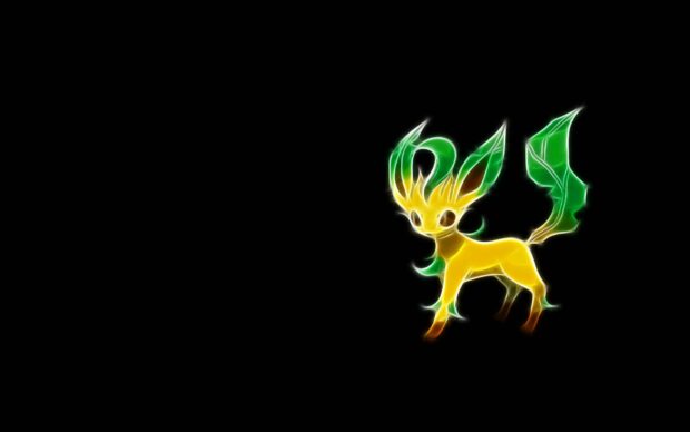 A glowing Leafeon character with green leaves and yellow body on black background