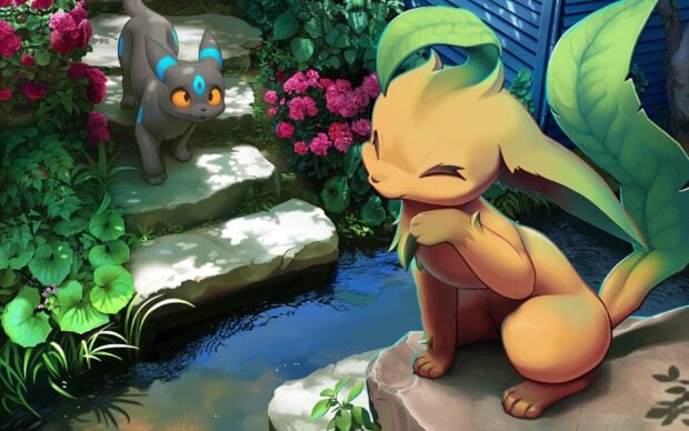 A Leafeon and an Umbreon like creature near a garden pond in a peaceful natural setting