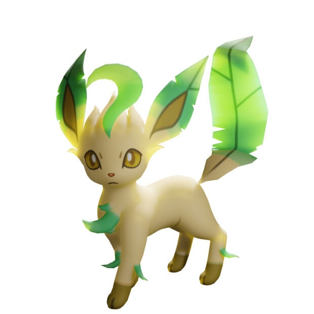 A Leafeon character with leaf like ears and tail standing on a white background