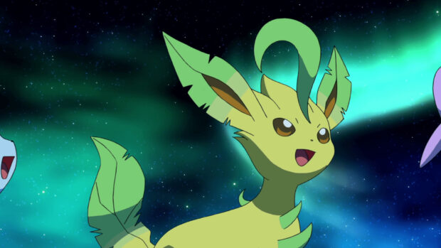 A cheerful Leafeon character with green leafy features against a starry night sky
