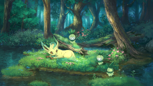 A Leafeon resting peacefully in a forest surrounded by plant creatures and lush greenery