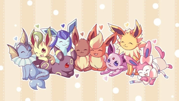 Cute Leafeon and other Eevee evolutions sitting together with a beige background
