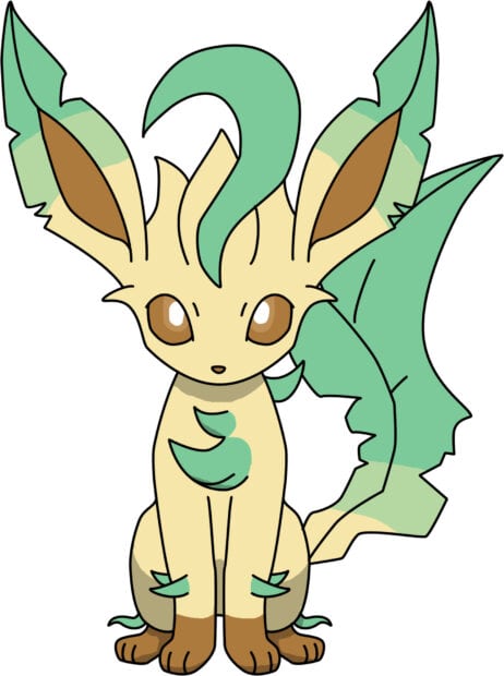 A cute Leafeon character with green leaves details sitting and looking forward