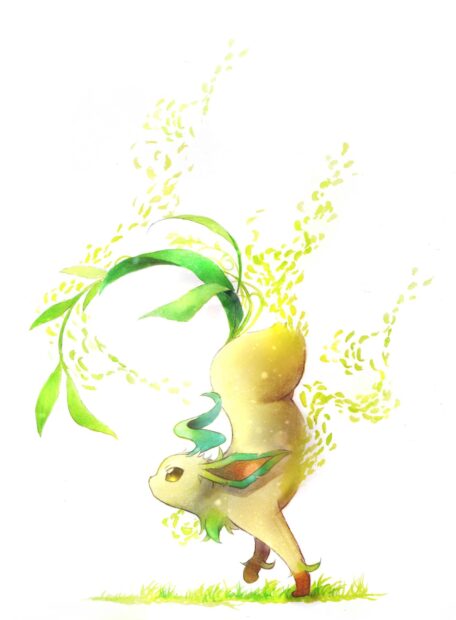 A Leafeon performing a handstand with green leaves and yellow particles surrounding it