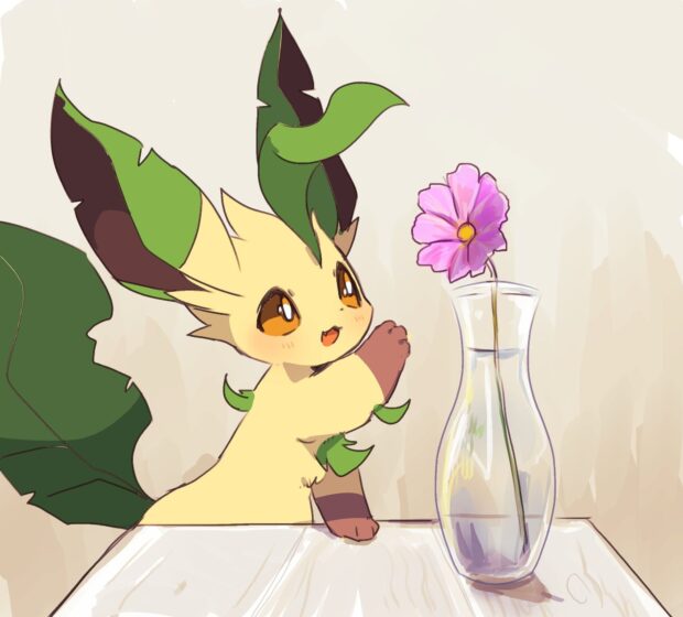 A Leafeon reaching out to touch a pink flower in a clear vase on a wooden table