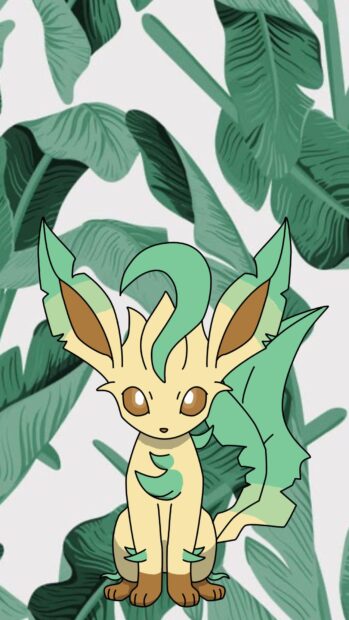 A cute Leafeon character sitting in front of green tropical leaves pattern background