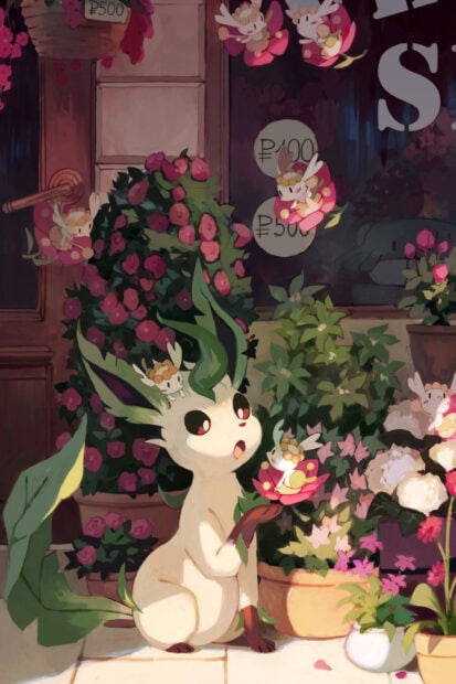 A Leafeon surrounded by flowers and small fairy like creatures in a colorful garden setting