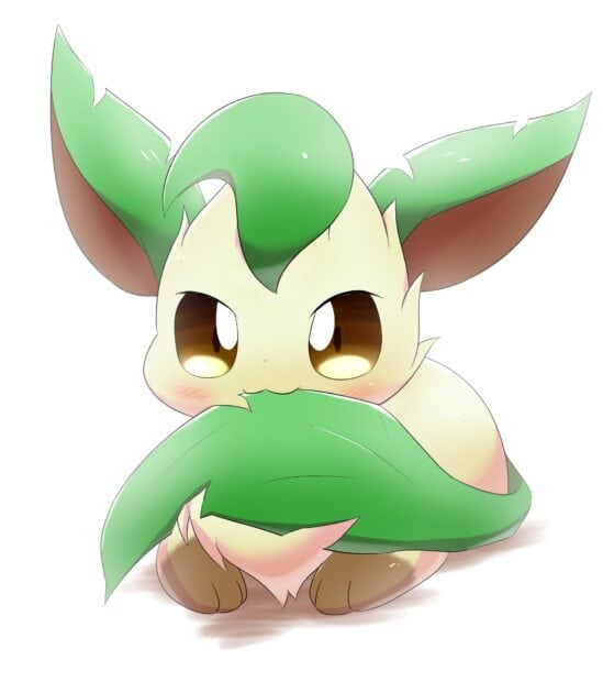 Cute Leafeon sitting with a big leaf in front showing its green ears and tail