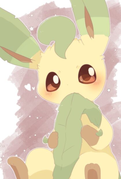 Cute Leafeon holding a leaf close to its face in a soft pastel style