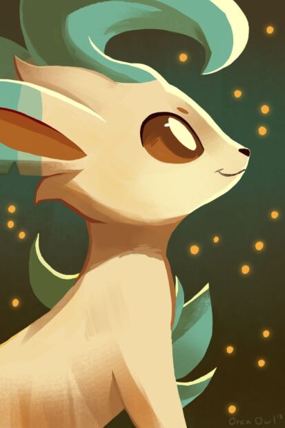 A digital painting of Leafeon looking upward with glowing orbs floating around in the dark background