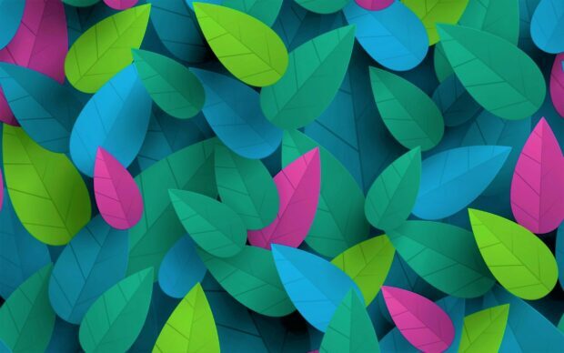 Colorful leaves pattern with vibrant green blue and pink shades on a dark background