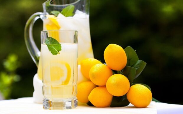 A refreshing glass of lemonade with mint and lemons on a table outdoors