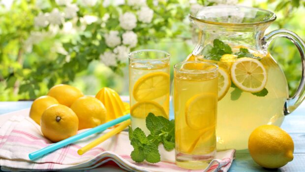 Fresh lemons with lemonade and mint leaves on a table outdoors