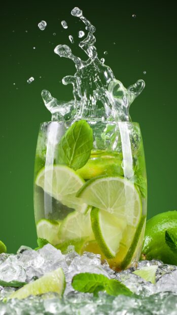 Fresh lime slices and mint leaves splash in a glass of lemonade on ice