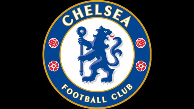 Chelsea logo with a blue lion holding a staff in the center of a football club emblem