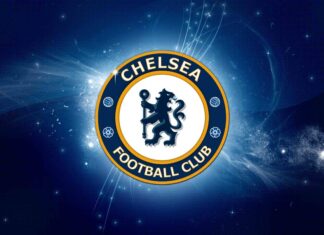 Chelsea logo in blue and gold colors with a glowing cosmic background
