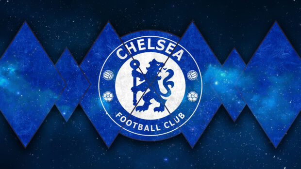 Chelsea logo displayed with a blue cosmic geometric design on a dark starry background