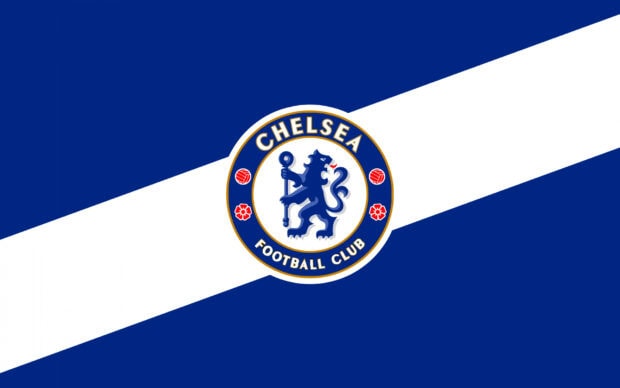 Chelsea logo in blue and white colors on a diagonal striped background