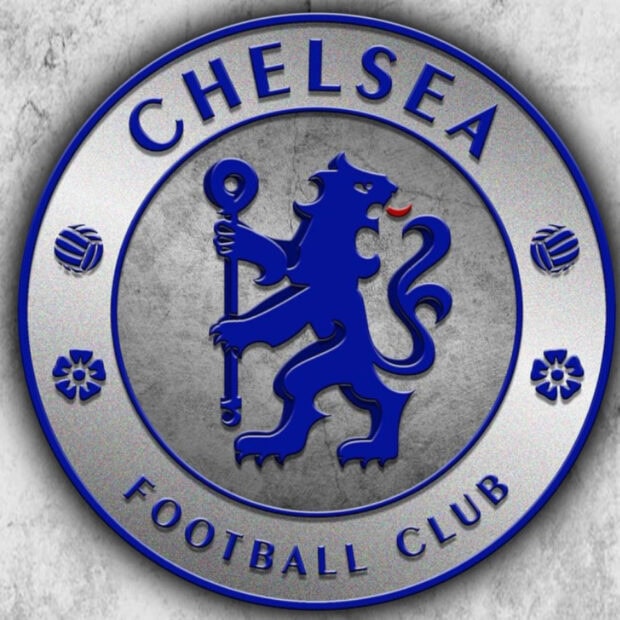 A detailed emblem of Chelsea football club showing a blue lion on a grey textured surface