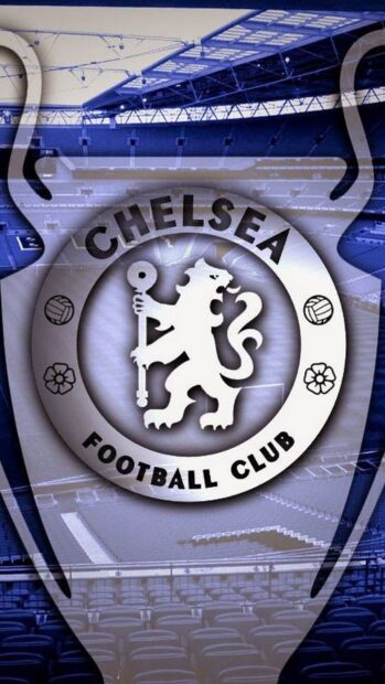 Chelsea logo prominently displayed with a football stadium in the background