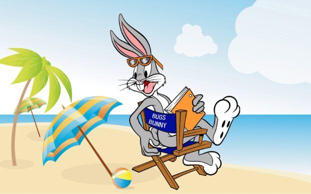 Bugs Bunny relaxing on the beach chair with sunglasses and a book on a sunny day