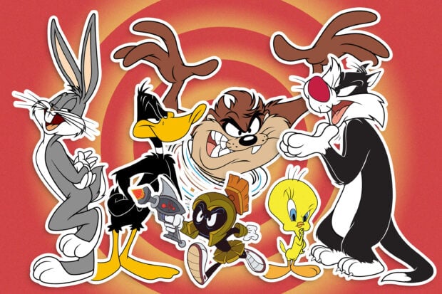 Classic Looney Tunes characters Bugs Bunny Daffy Duck Taz Marvin and Tweety in a spiral background