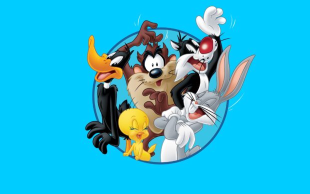 Looney Tunes characters Bugs Bunny Taz Daffy Duck Sylvester and Tweety in a cheerful group pose