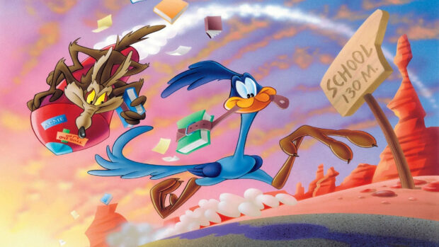 Wile E Coyote chasing Road Runner in a Looney Tunes cartoon scene