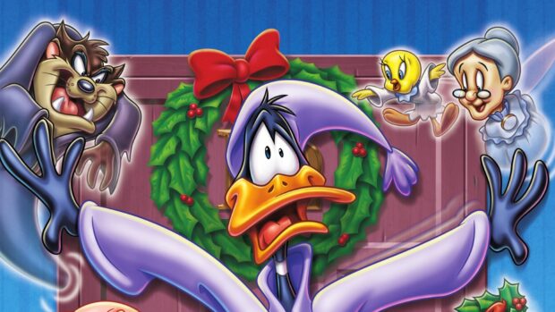 Daffy Duck in a nightcap with Looney Tunes characters in a spooky Christmas scene