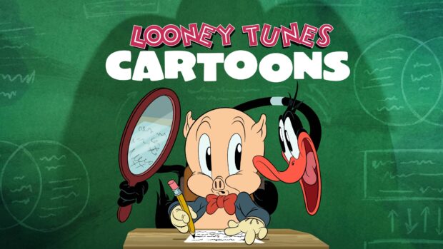 Porky Pig writing at a desk with Daffy Duck holding a mirror in Looney Tunes cartoons