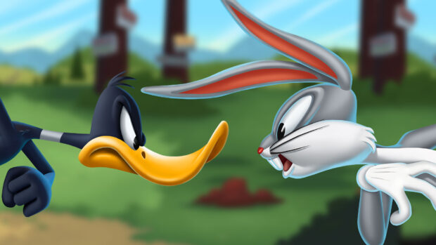 Bugs Bunny and Daffy Duck from Looney Tunes facing each other in a green outdoor setting