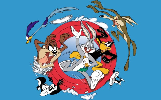Classic Looney Tunes characters featuring Bugs Bunny and friends on a blue background