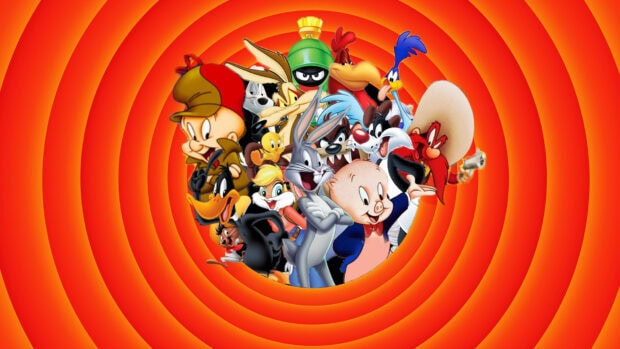 Classic Looney Tunes characters gather together in a colorful animated scene