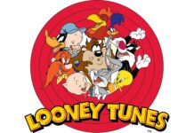Classic Looney Tunes characters gathered in a colorful circle with Looney Tunes logo